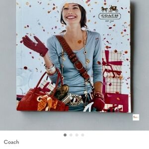 Coach red handbag with light blue top and gold accents